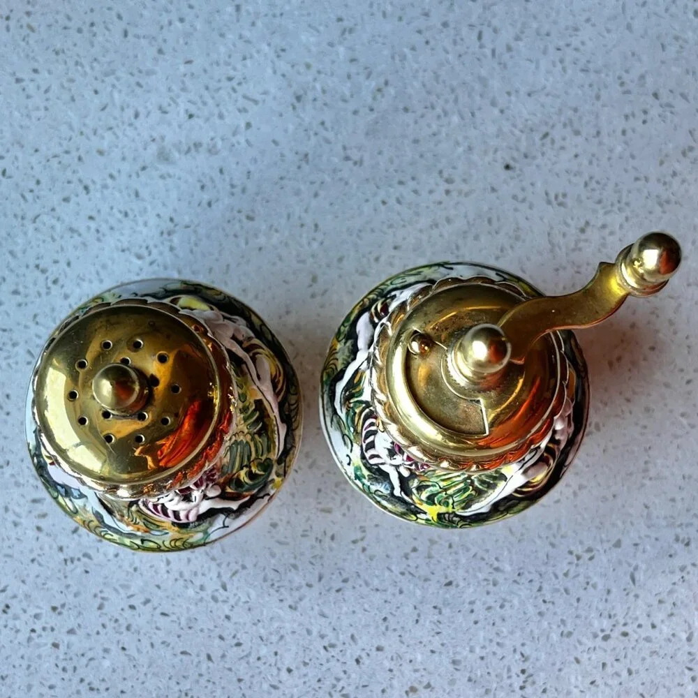 Capodimonte Ceramic & Brass Salt Shaker & Pepper Mill